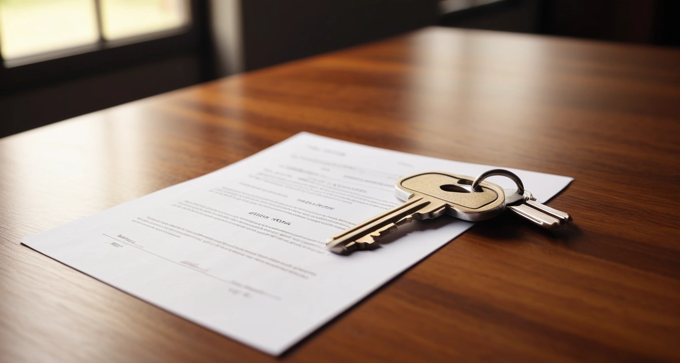 상속 포기 한정승인 - 한정승인 제도와 재산 정산 프로세스 (concept of Limited approval to give up inheritance, a shiny house key resting on a detailed contract, elegant wooden table, no people)