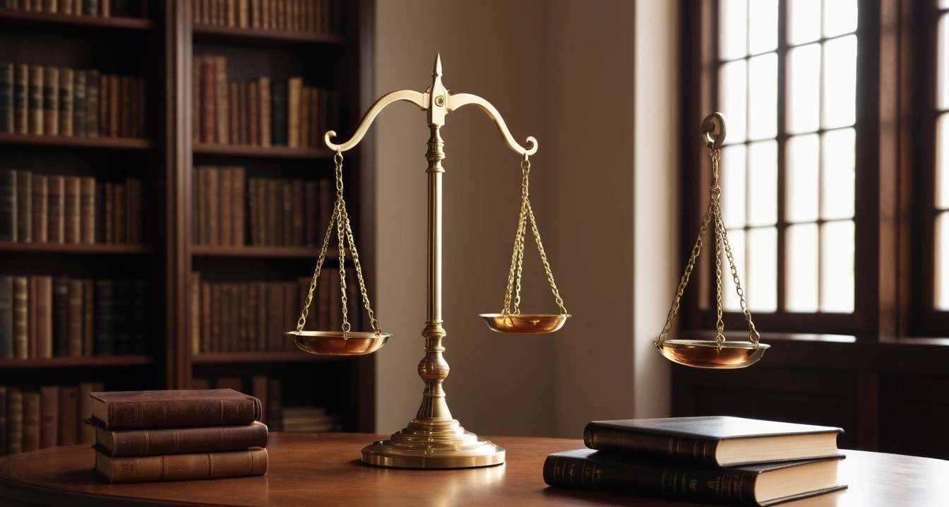 층간소음 - 층간소음 이웃사이센터와 외부 중재 프로세스 (concept of noise between floors, a classic brass balance scale of justice next to leather-bound books, no people)