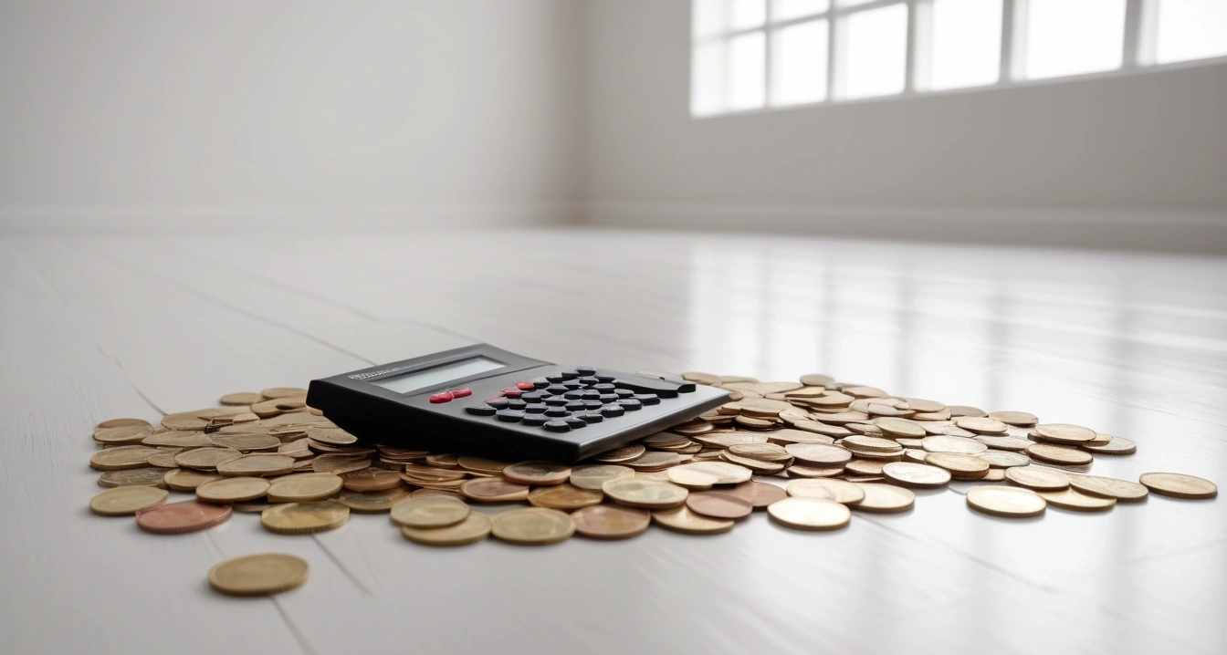 층간소음 - 최후의 보루, 민사 소송과 손해배상 청구 (concept of noise between floors, a neat arrangement of official forms, a modern calculator, and neat coins, finance aesthetic, no people)