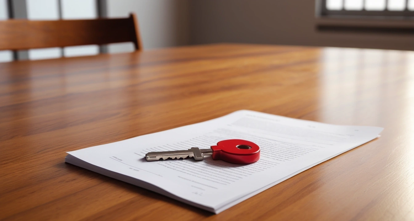 층간소음 - 층간소음 분쟁 해결을 위한 내용증명 작성 원칙 (concept of noise between floors, a shiny house key resting on a detailed contract, elegant wooden table, no people)