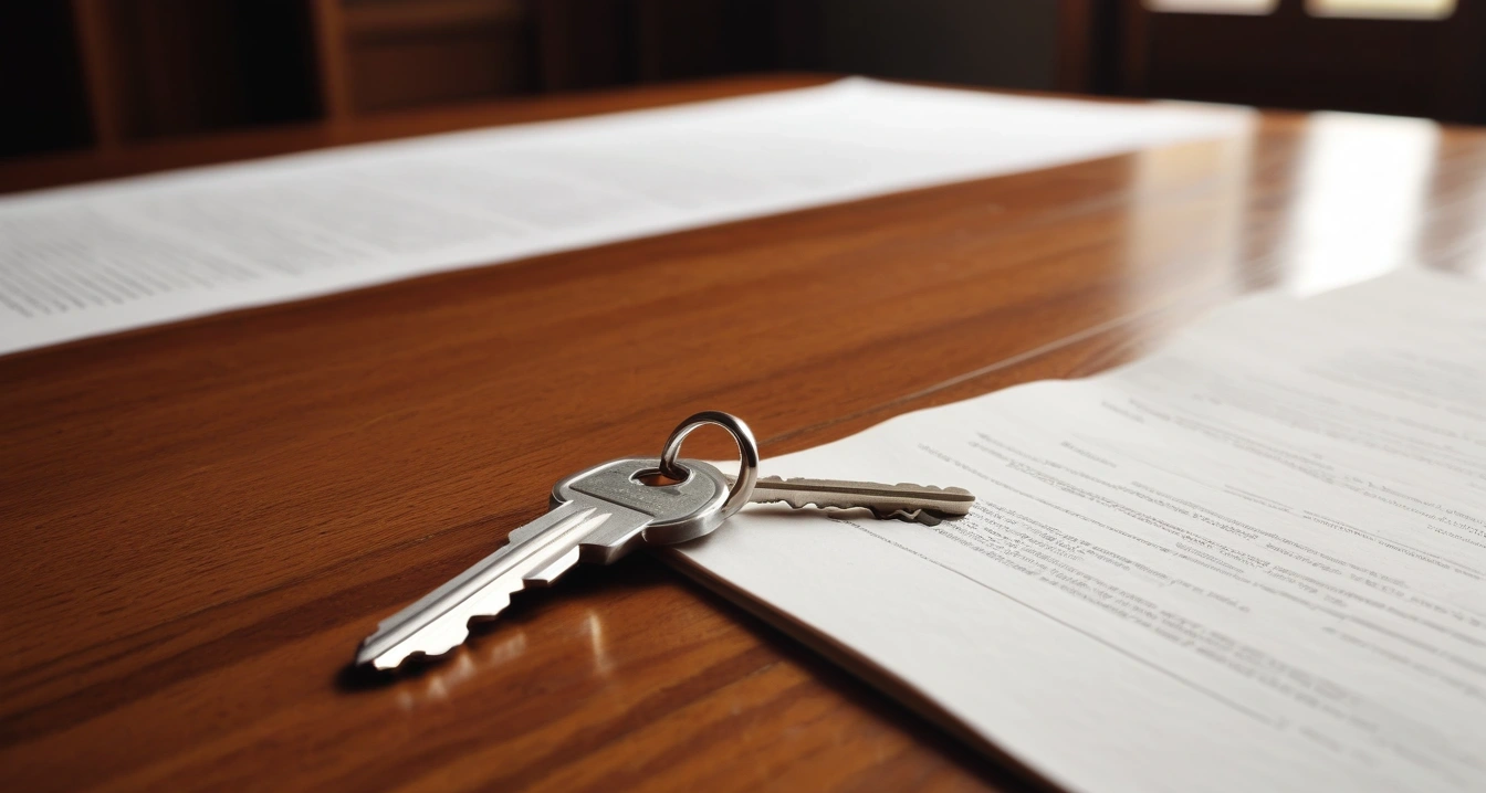 층간소음 - 공동주택 관리규약과 층간소음 대응 매뉴얼 (concept of noise between floors, a shiny house key resting on a detailed contract, elegant wooden table, no people)