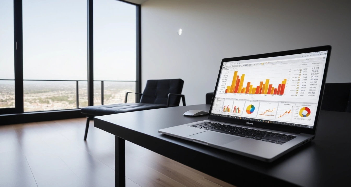 층간소음 - 아파트 관리사무소의 개입과 협조 요청 (concept of noise between floors, a sleek modern office desk, a glowing laptop screen displaying financial charts, no people)