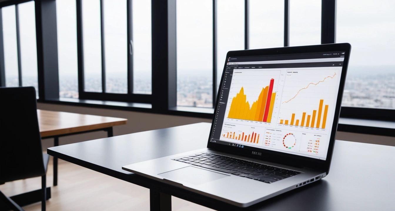 층간소음 - 층간소음 이웃사이센터의 전문 중재 (concept of noise between floors, a sleek modern office desk, a glowing laptop screen displaying financial charts, no people)