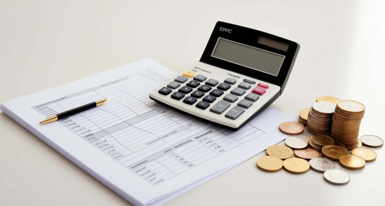 사교육비 - 디지털 기기 준비 (concept of Private education expenses, a neat arrangement of official forms, a modern calculator, and neat coins, finance aesthetic, no people)