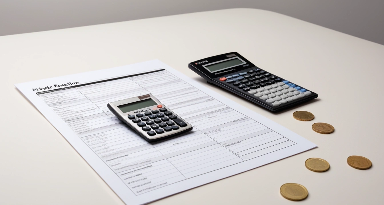 사교육비 - 사교육비 폭증 방지를 위한 초등 저학년 학습 계획 수립 (concept of Private education expenses, a neat arrangement of official forms, a modern calculator, and neat coins, finance aesthetic, no people)