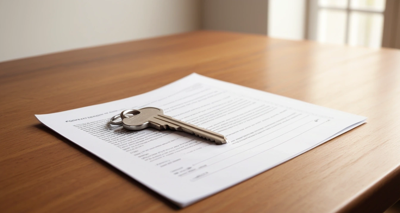 내용증명 - 합법적인 이웃 관계 개선을 위한 내용증명 작성 가이드 (concept of Proof of contents, a shiny house key resting on a detailed contract, elegant wooden table, no people)