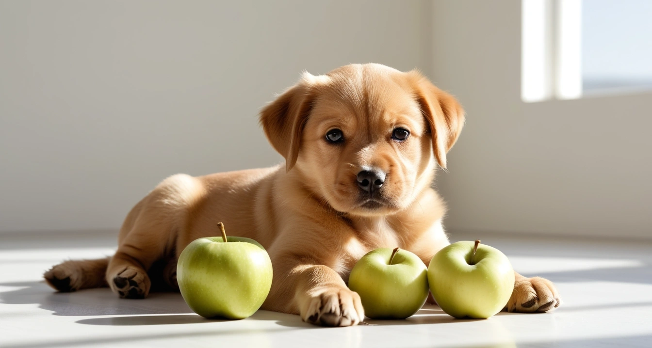 강아지 성장 발달 - 반려견 성장 단계 맞춤형 균형 잡힌 영양 공급 전략 (concept of puppy growth and development, a neat arrangement of healthy daily vitamins and fresh green apples, wellness concept, no people)