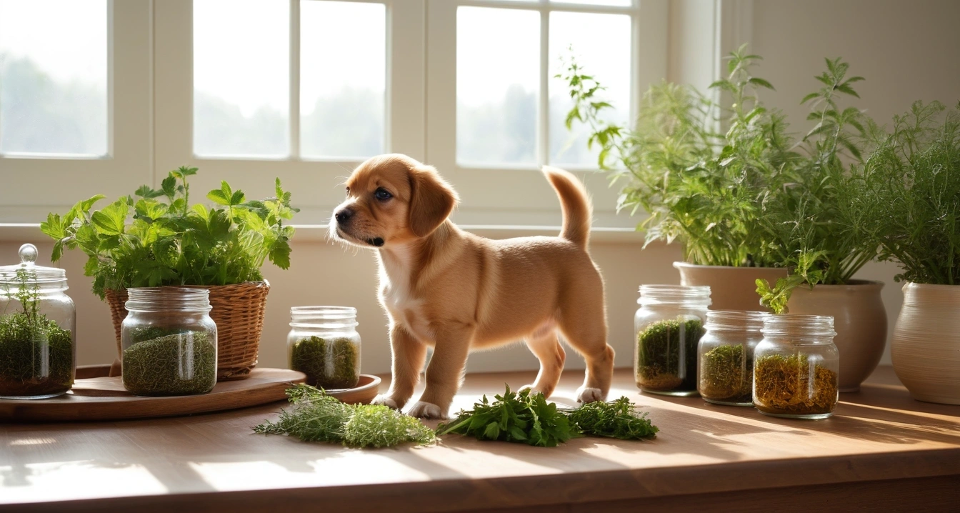 강아지 성장 발달 - AI 기반 동물 행동 데이터 활용과 발달 이상 징후 체크 (concept of puppy growth and development, a pristine bright herbal medicine preparation table, fresh green healing herbs, no people)