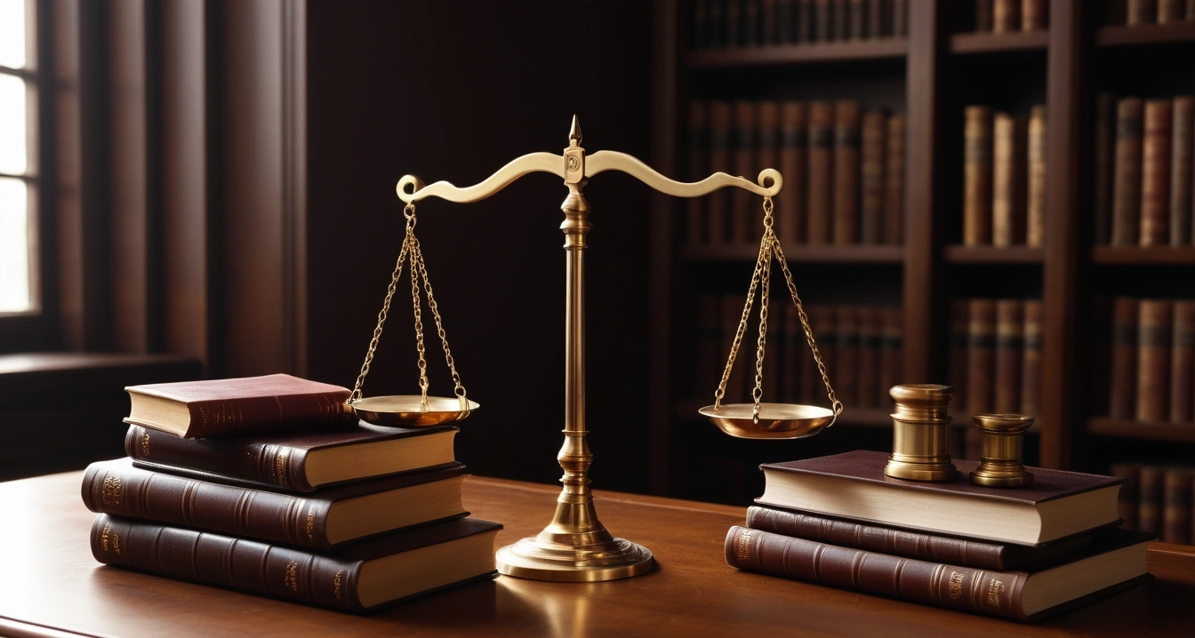 상속 - 빚 상속 방지를 위한 한정승인 실전 절차 (concept of succession, a classic brass balance scale of justice next to leather-bound books, no people)