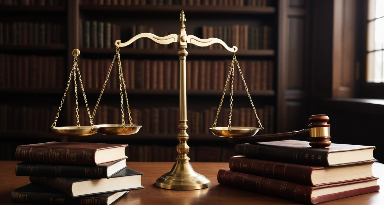 중고 거래 - 중고 거래 플랫폼 피해 사전 관리 가이드 (concept of used trade, a classic brass balance scale of justice next to leather-bound books, no people)