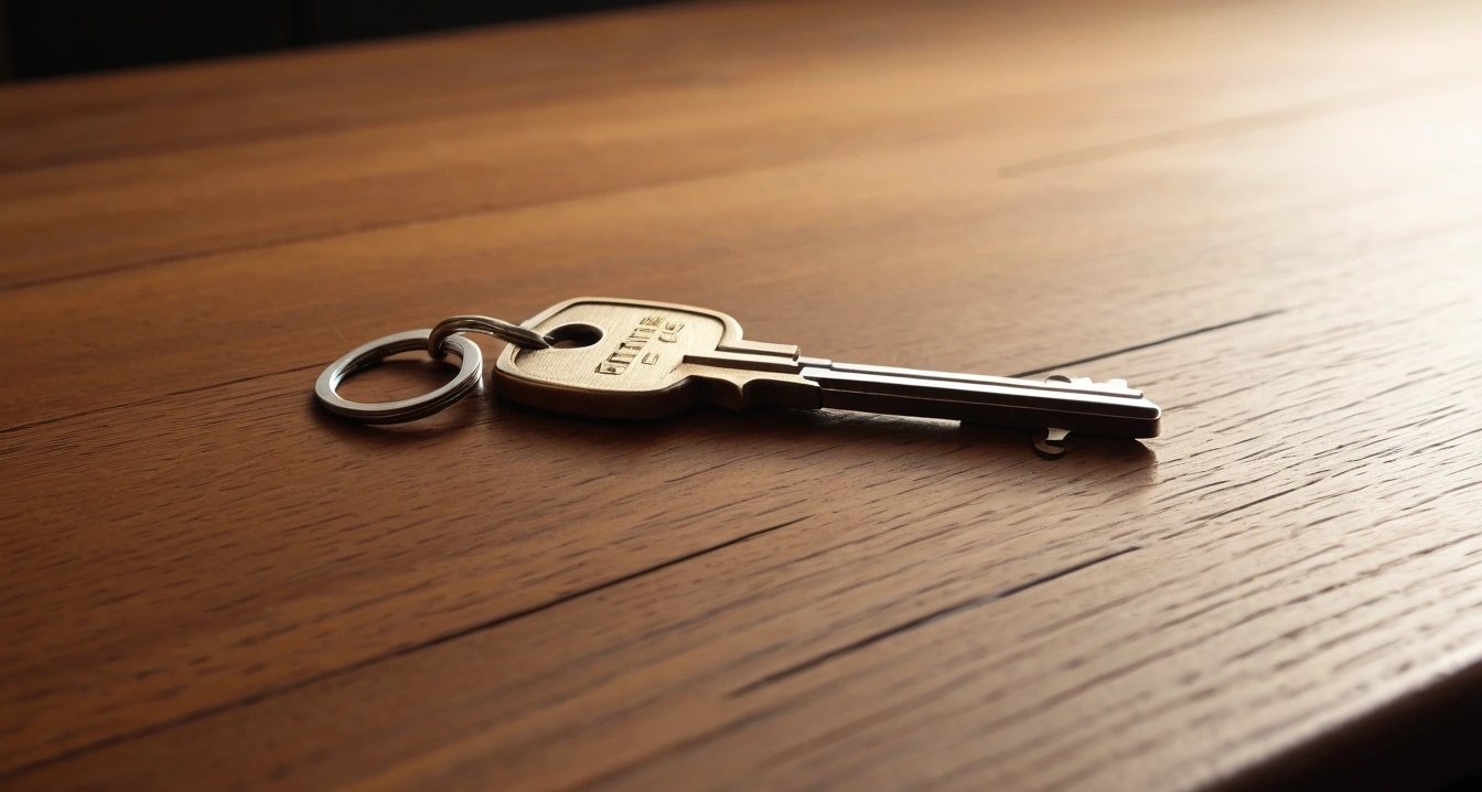 중고 거래 - 중고 플랫폼 결제 시스템 활용 (concept of used trade, a shiny house key resting on a detailed contract, elegant wooden table, no people)